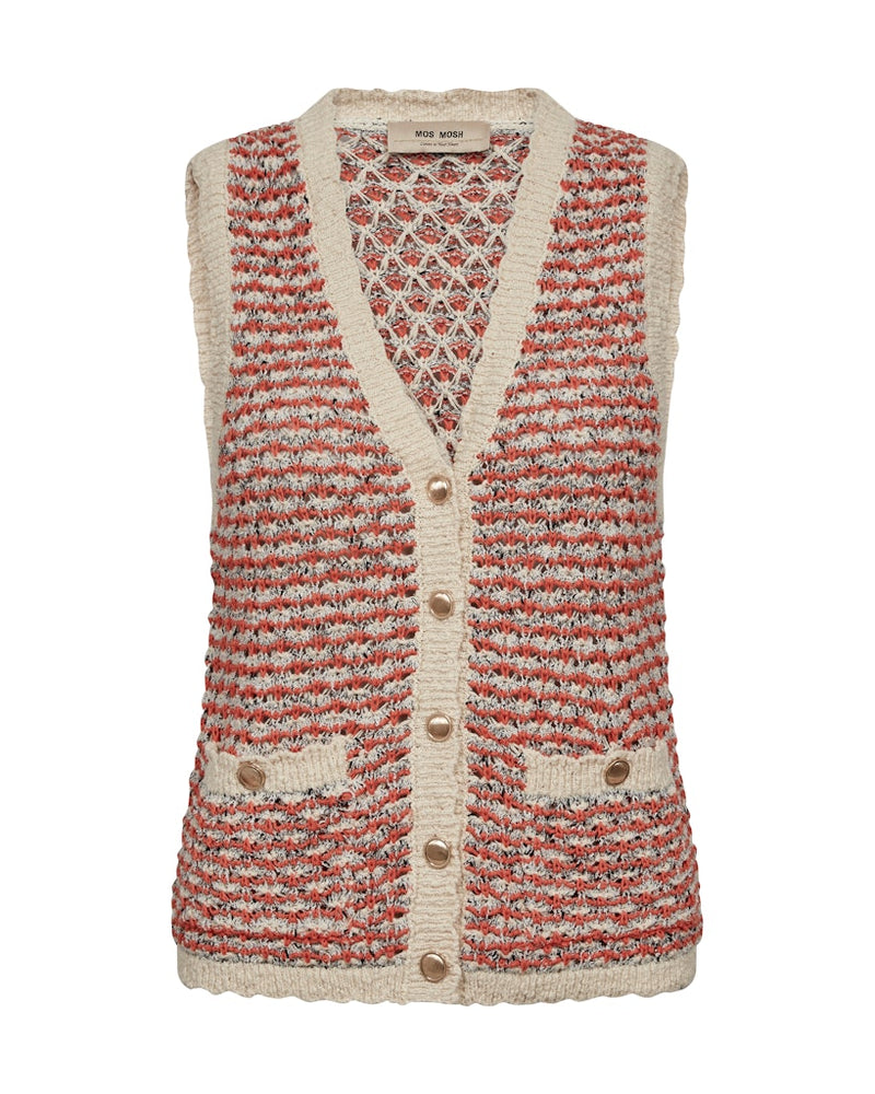 Textured summer vest knit with a patterned design in cream and orange