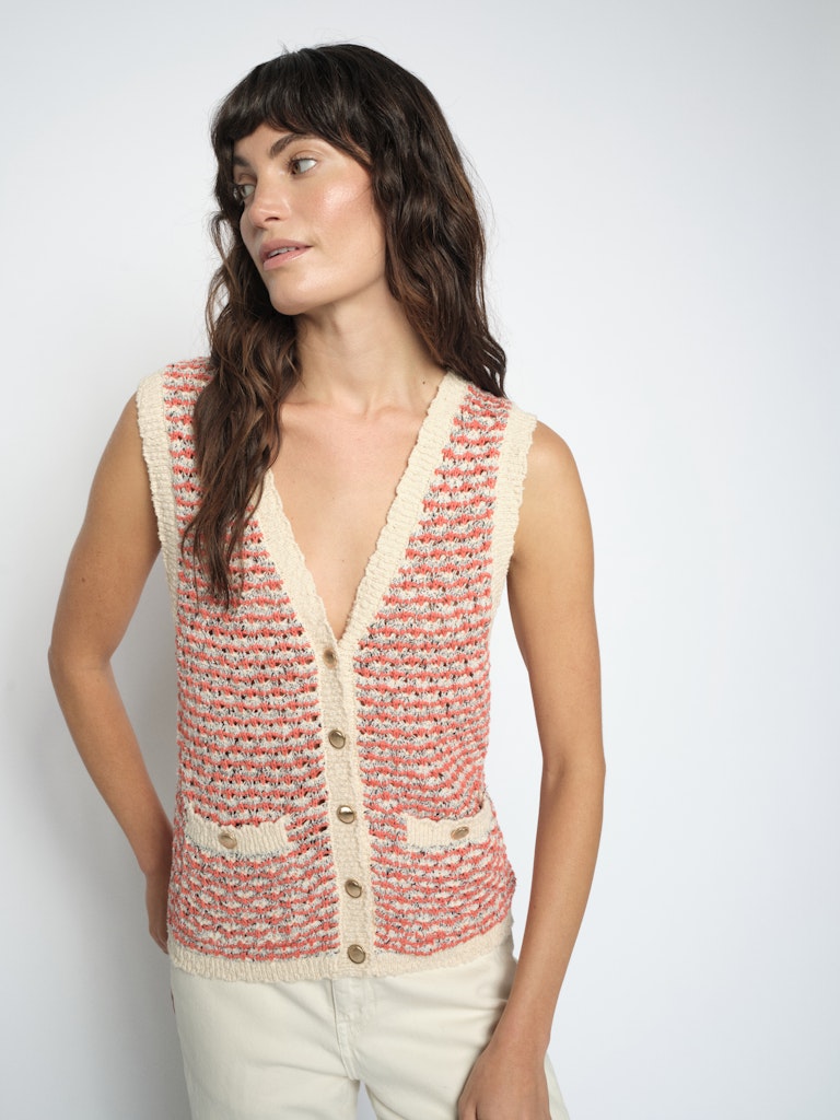 Textured summer vest knit with a patterned design in cream and orange
