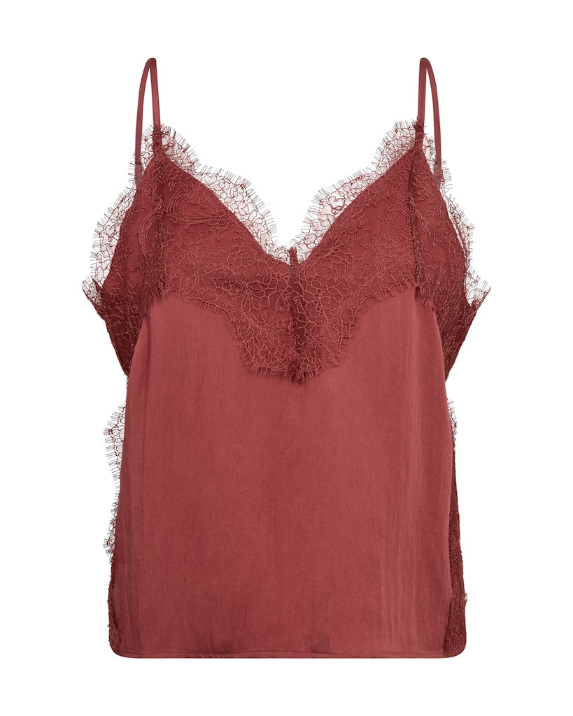 Terracotta lace-trimmed camisole on a white background
