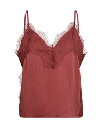 Terracotta lace-trimmed camisole on a white background