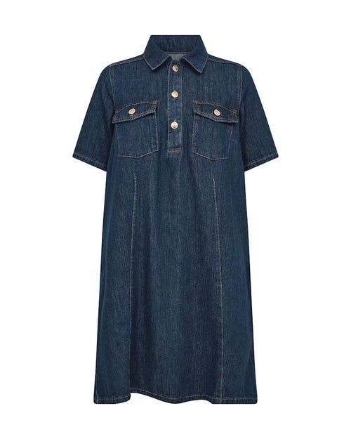 Dark blue denim midi short sleeved dress with pockets by Mos Mosh