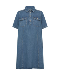 Mos Mosh Blue denim dress with short sleeves and button details on a white background