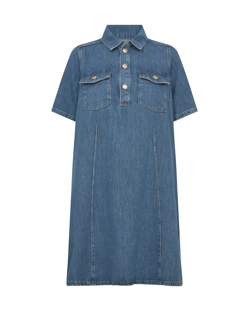 Mos Mosh Blue denim dress with short sleeves and button details on a white background