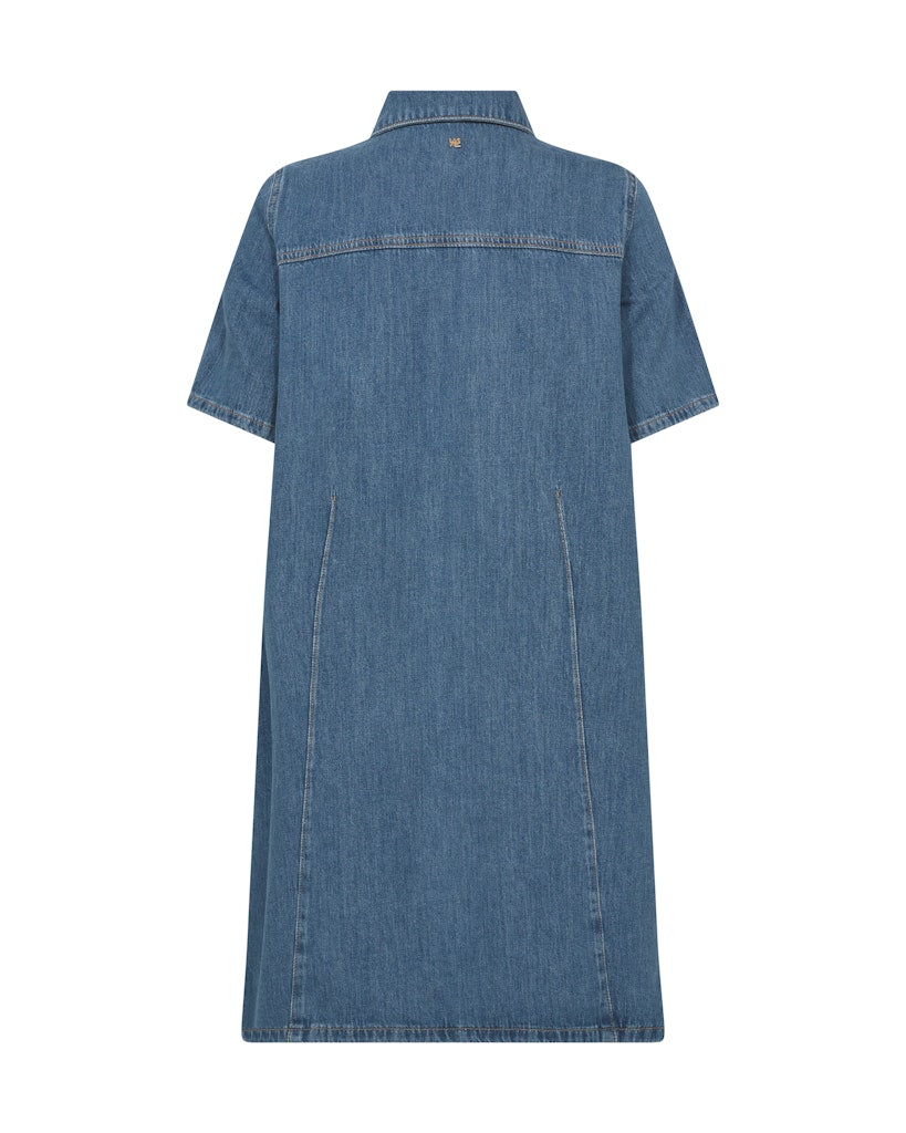 Mos Mosh Blue denim dress with short sleeves and button details on a white background