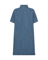 Mos Mosh Blue denim dress with short sleeves and button details on a white background
