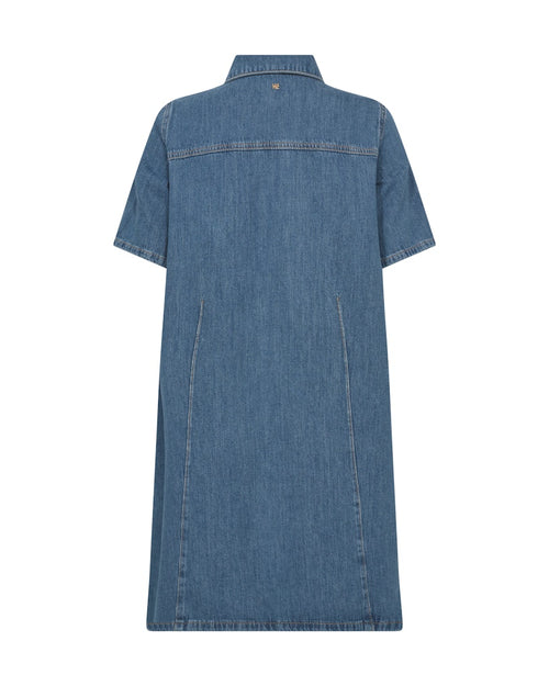 Mos Mosh Blue denim dress with short sleeves and button details on a white background