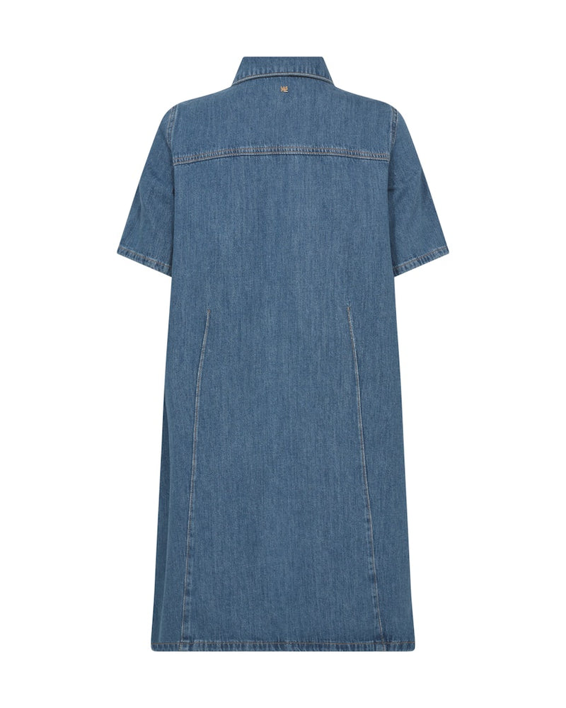 Mos Mosh Blue denim dress with short sleeves and button details on a white background