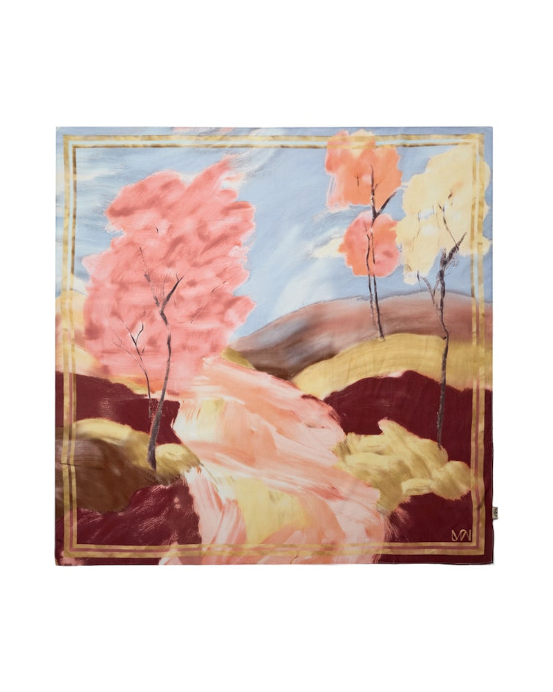Decorative scarf by Mos Mosh with abstract floral design in the colours of the current collection, blue, vanilla and burgandy 