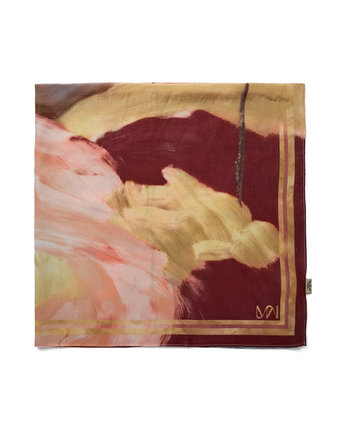 Decorative scarf by Mos Mosh with abstract floral design in the colours of the current collection, blue, vanilla and burgundy 