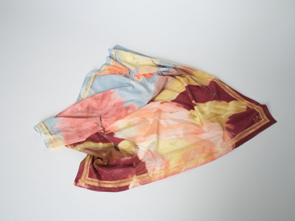 Decorative scarf by Mos Mosh with abstract floral design in the colours of the current collection, blue, vanilla and burgandy 