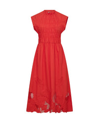 spicy orange dress with ruched body and long skirt with lace detail
