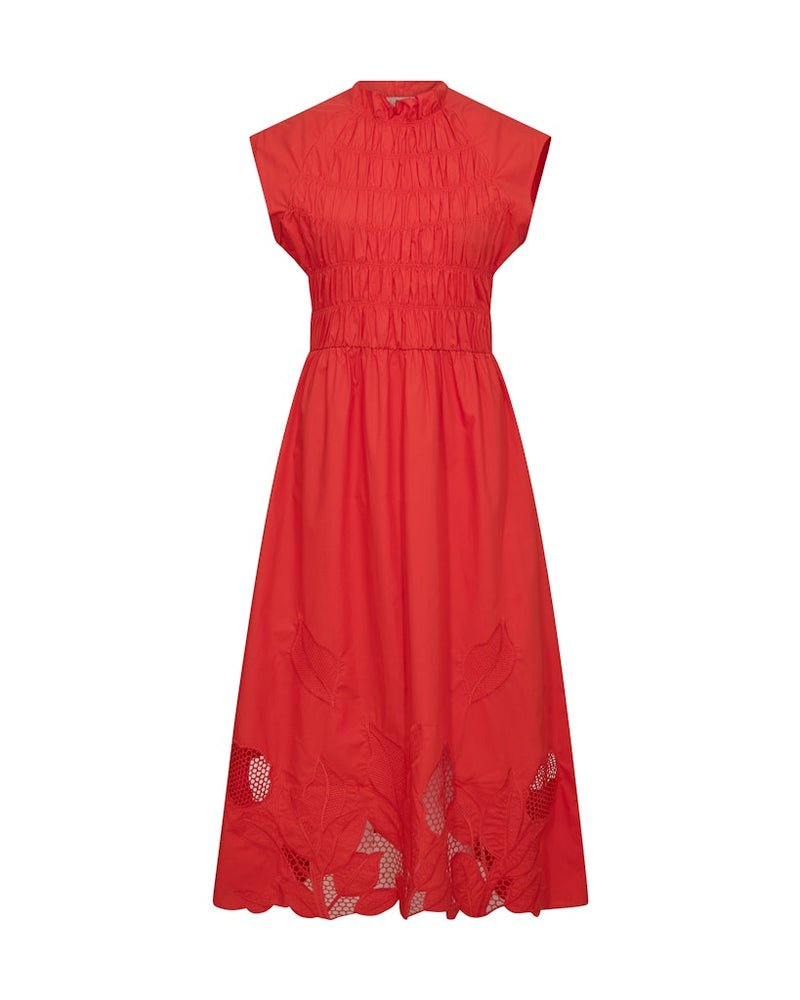 spicy orange dress with ruched body and long skirt with lace detail