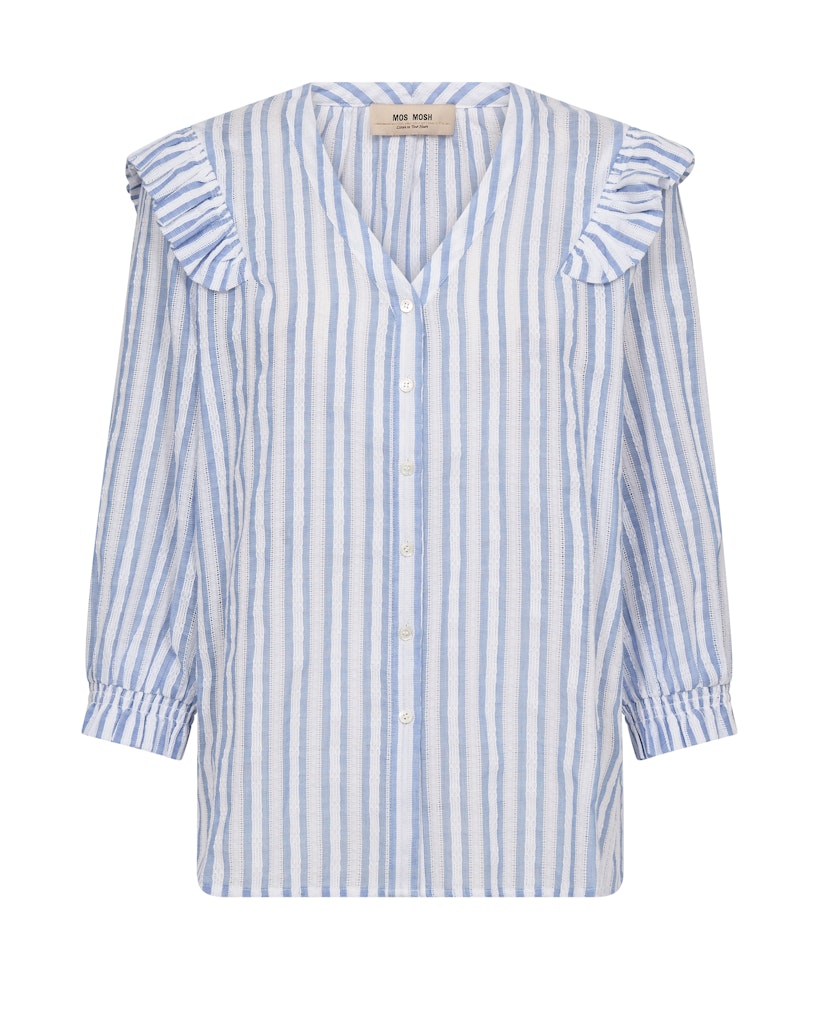 Blue and white striped blouse with ruffled sleeves on a white background