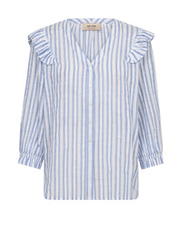 Blue and white striped blouse with ruffled sleeves on a white background