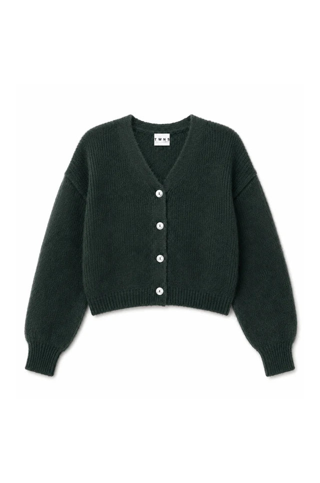 A Military green relaxed fit cardigan sweater with long balloon sleeves and a pearlised button-up front by TWNS the label from The SHOE GALLERY