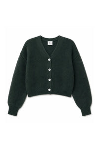 A Military green relaxed fit cardigan sweater with long balloon sleeves and a pearlised button-up front by TWNS the label from The SHOE GALLERY