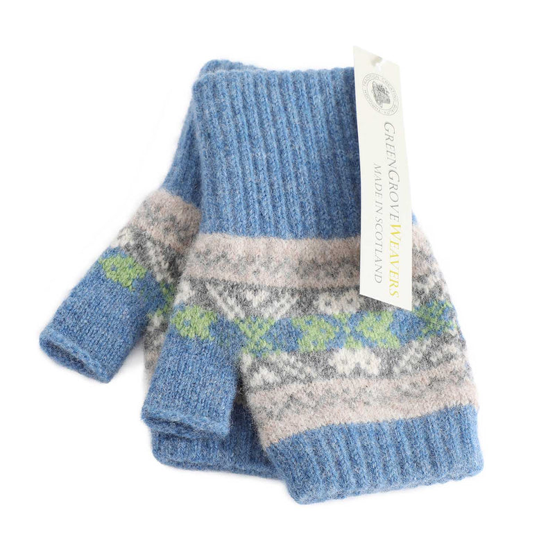 A pair of coral pink lambswool knit fingerless gloves with ribbed cuffs and Fair Isle pattern in tones of beige and grey, made in Scotland by Green Grove Weavers
