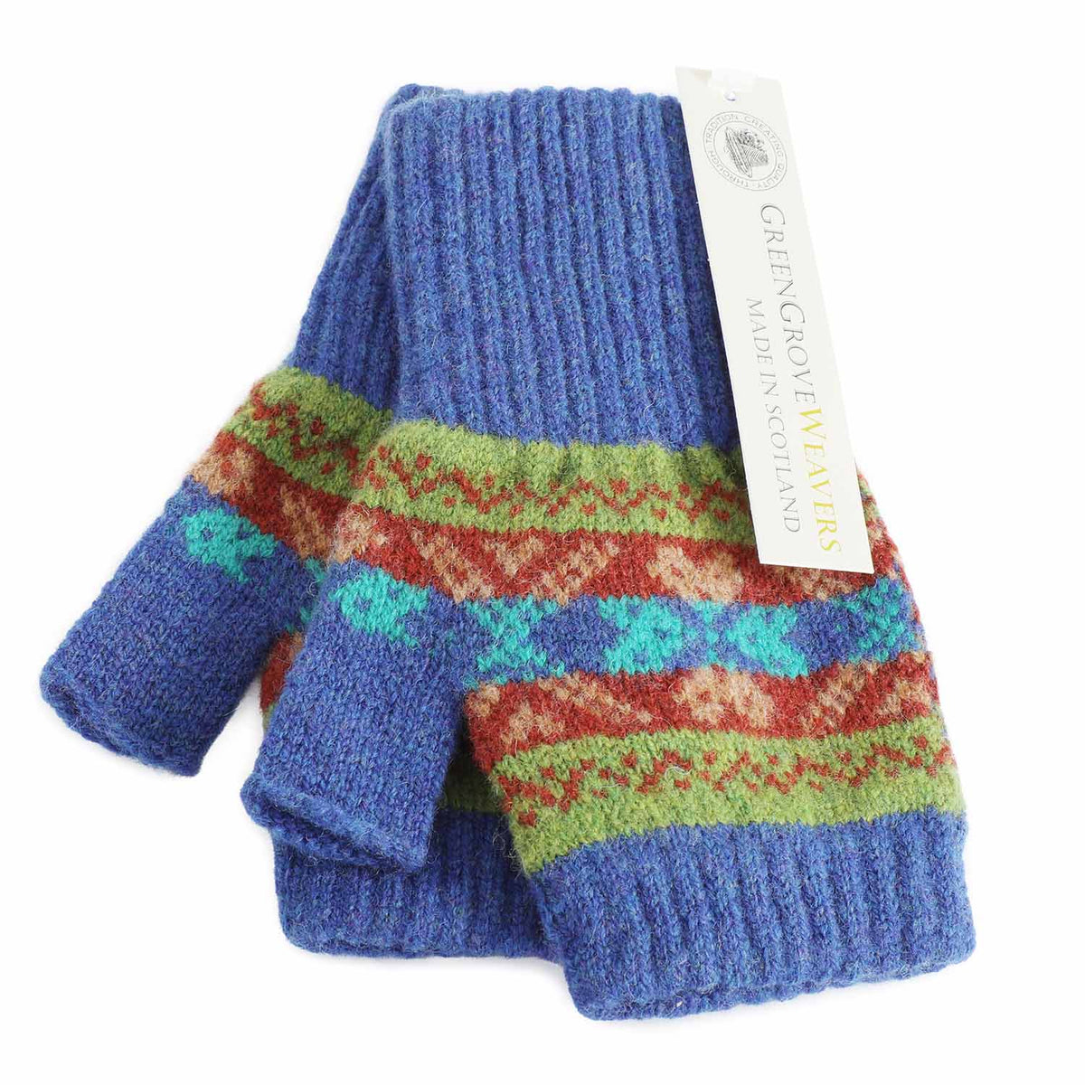 A pair of blue lambswool knit fingerless gloves with ribbed cuffs and pattern in tones of green and brown, made in Scotland by Green Grove Weavers