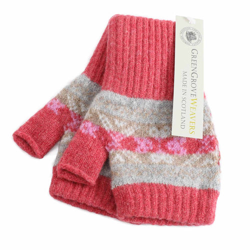 A pair of coral pink lambswool knit fingerless gloves with ribbed cuffs and Fair Isle pattern in tones of beige, made in Scotland by Green Grove Weavers