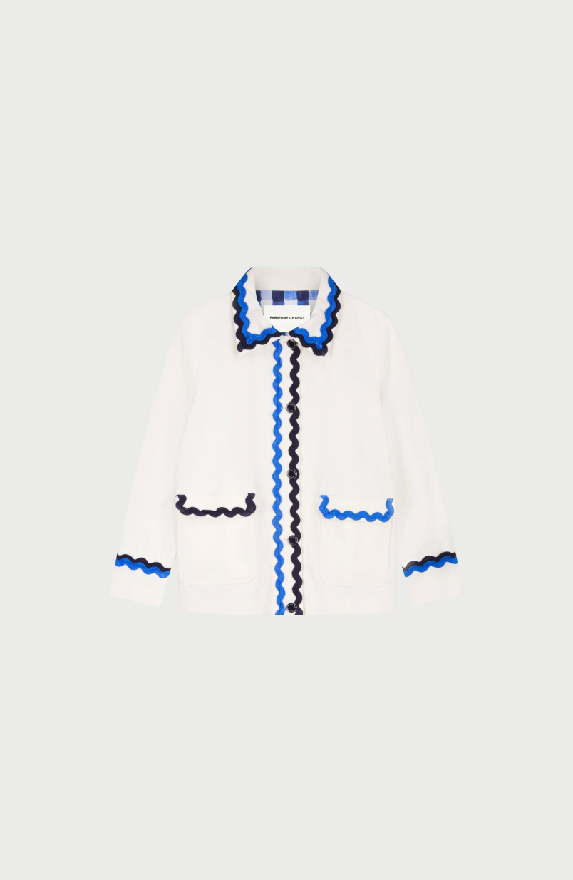 Fabienne Chapot cream Melodie jacket with double rick rack in blue and navy edging the collar, pockets, sleeves and central closure