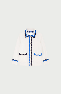 Fabienne Chapot cream Melodie jacket with double rick rack in blue and navy edging the collar, pockets, sleeves and central closure