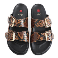 Pair of snake print sandals with gold buckles on a white background, featuring the högl brand.
