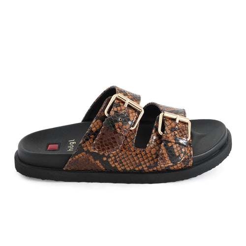 Brown two strap snake print sandal with gold buckles on a white background