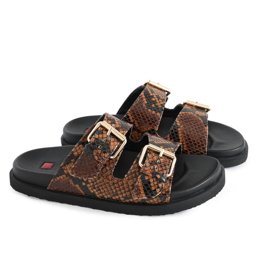 Brown snake print sandals with black soles. Two strap with gold buckles