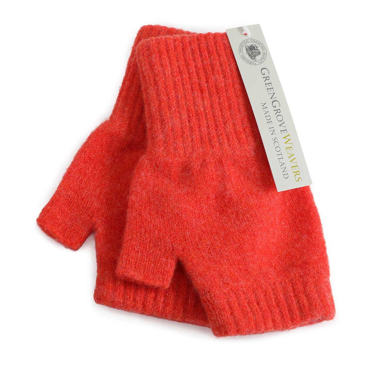 A pair of coral red ribbed lambswool knit fingerless gloves with a rib knit wrist and made in Scotland by Green Grove Weavers