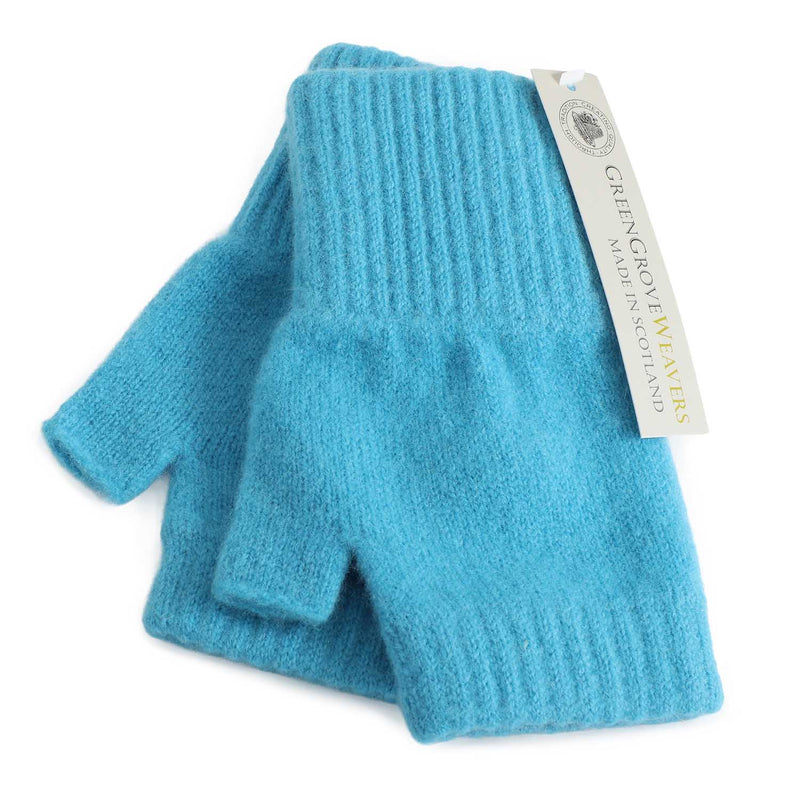 A pair of Turquoise lambswool knit fingerless gloves with ribbed cuffs, shown with a white paper brand tag that reads 'Green Grove Wavels Made in Scotland'.