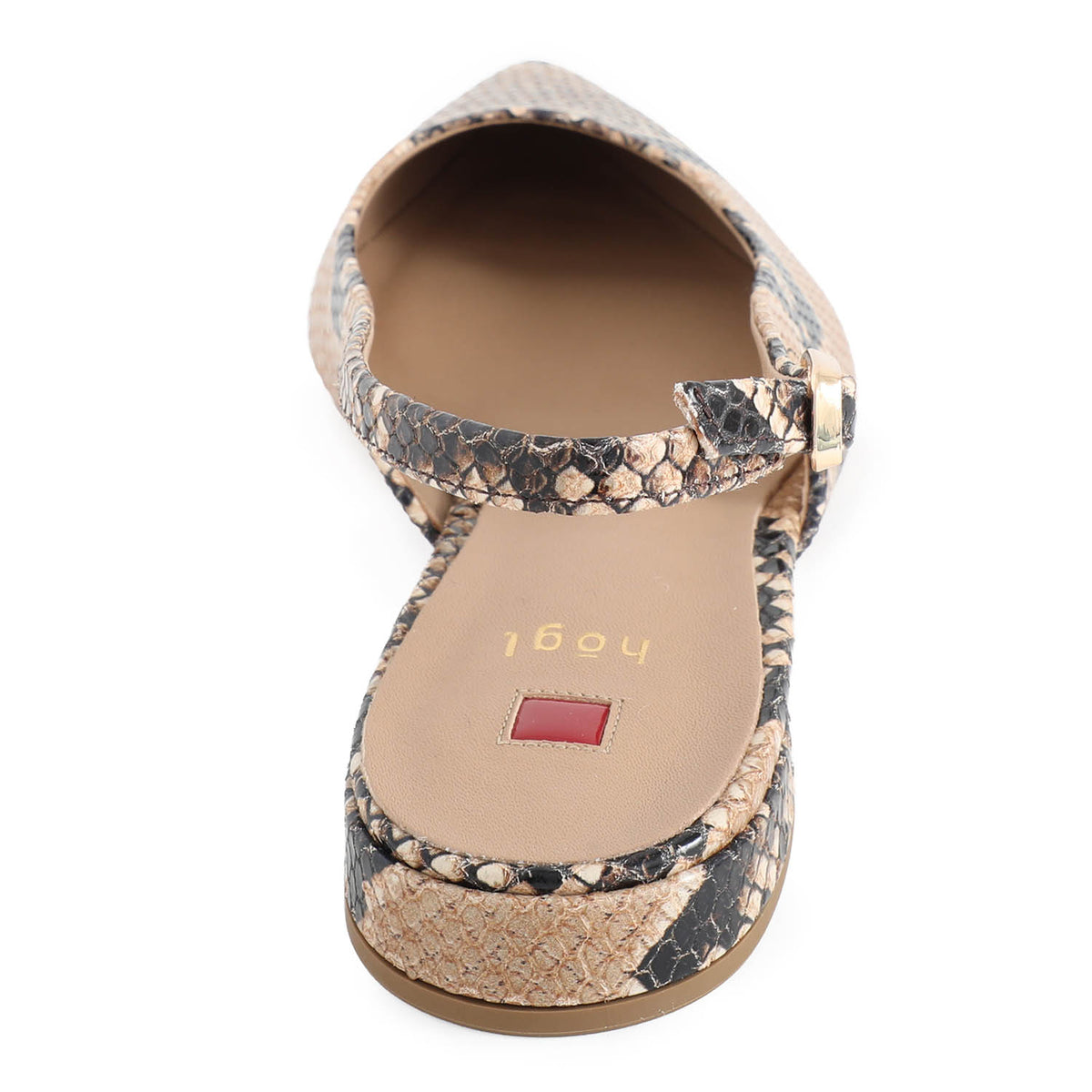 Pair of Hogl snake print slingback flats on a white background