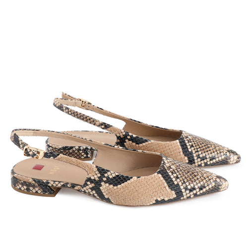 Pair of Hogl snake print slingback flats on a white background