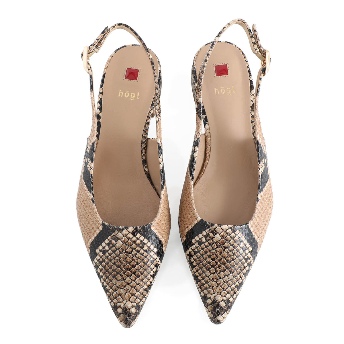 Pair of Hogl snake print slingback flats on a white background