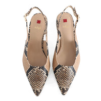 Pair of Hogl snake print slingback flats on a white background
