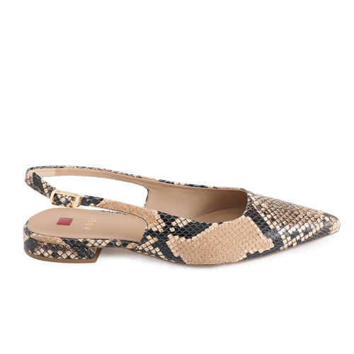 Pair of Hogl snake print slingback flats on a white background