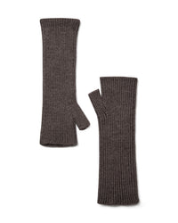 A pair of Mos Mosh Tova ribbed knit wool  fingerless gloves in a dark taupe-brown colour, The Shoe Gallery