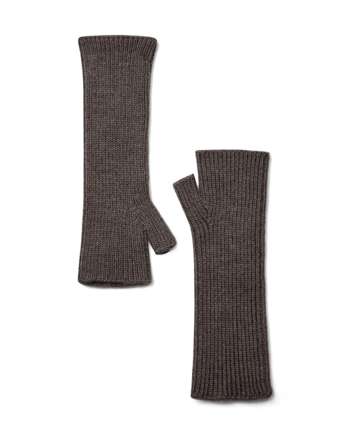 A pair of Mos Mosh Tova ribbed knit wool  fingerless gloves in a dark taupe-brown colour, The Shoe Gallery
