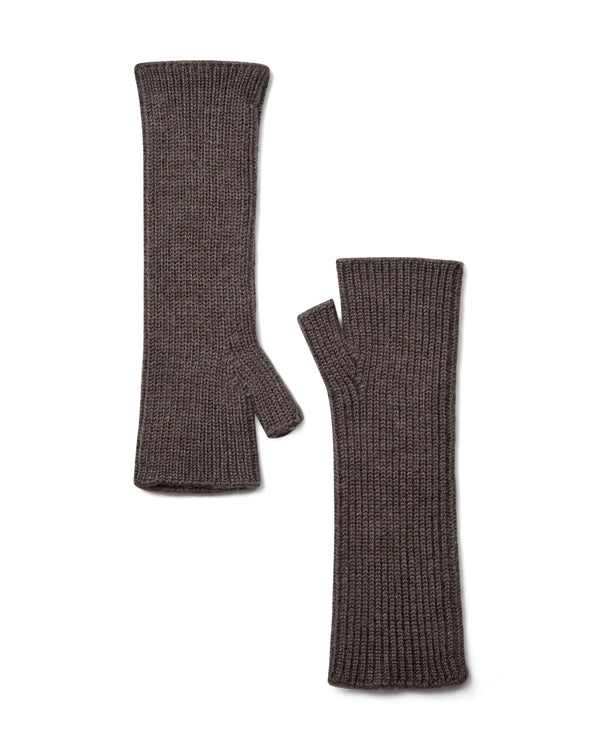 A pair of Mos Mosh Tova ribbed knit wool  fingerless gloves in a dark taupe-brown colour, The Shoe Gallery