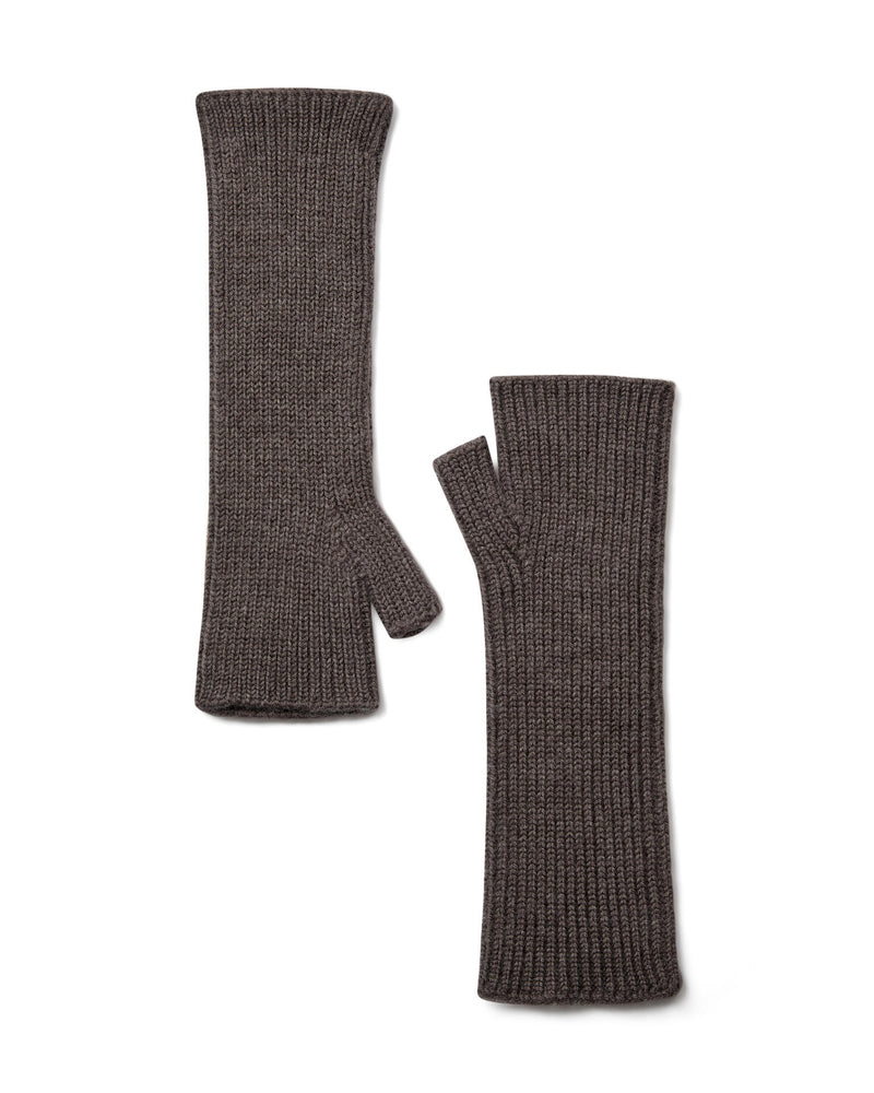 A pair of Mos Mosh Tova ribbed knit wool  fingerless gloves in a dark taupe-brown colour, The Shoe Gallery
