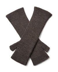 A pair of Mos Mosh Tova ribbed knit wool  fingerless gloves in a dark taupe-brown colour, The Shoe Gallery