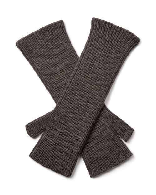 A pair of Mos Mosh Tova ribbed knit wool  fingerless gloves in a dark taupe-brown colour, The Shoe Gallery