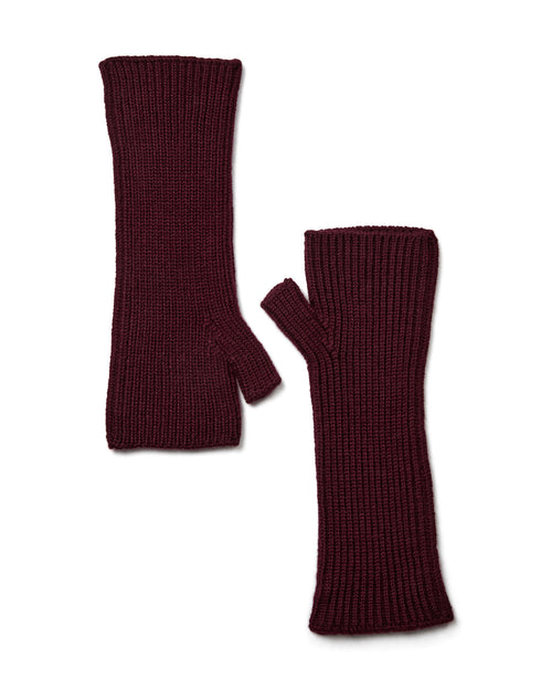 A pair of Mos Mosh Tova ribbed knit wool  fingerless gloves in a cabernet colour, The Shoe Gallery