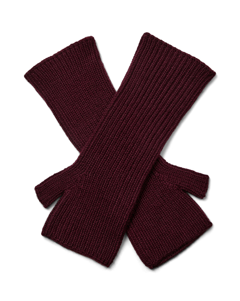 A pair of Mos Mosh Tova ribbed knit wool  fingerless gloves in a cabernet colour, The Shoe Gallery