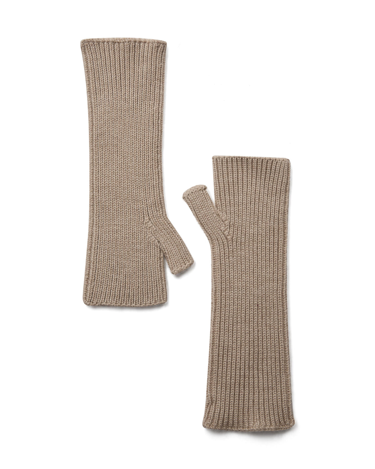 A pair of Mos Mosh Tova ribbed knit wool  fingerless gloves in a doeskin colour, The Shoe Gallery