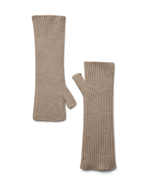 A pair of Mos Mosh Tova ribbed knit wool  fingerless gloves in a doeskin colour, The Shoe Gallery