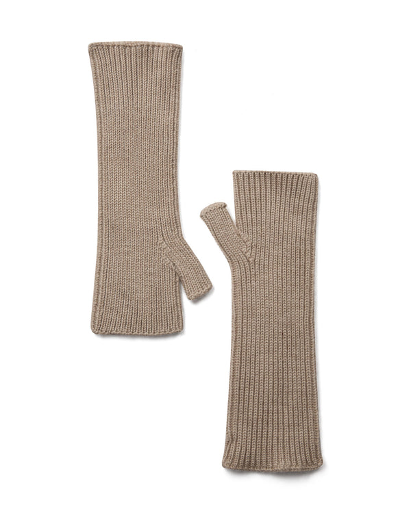 A pair of Mos Mosh Tova ribbed knit wool  fingerless gloves in a doeskin colour, The Shoe Gallery