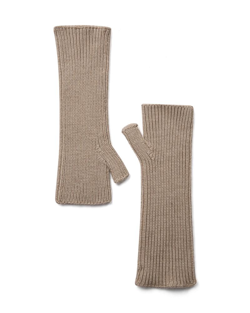 A pair of Mos Mosh Tova ribbed knit wool  fingerless gloves in a doeskin colour, The Shoe Gallery