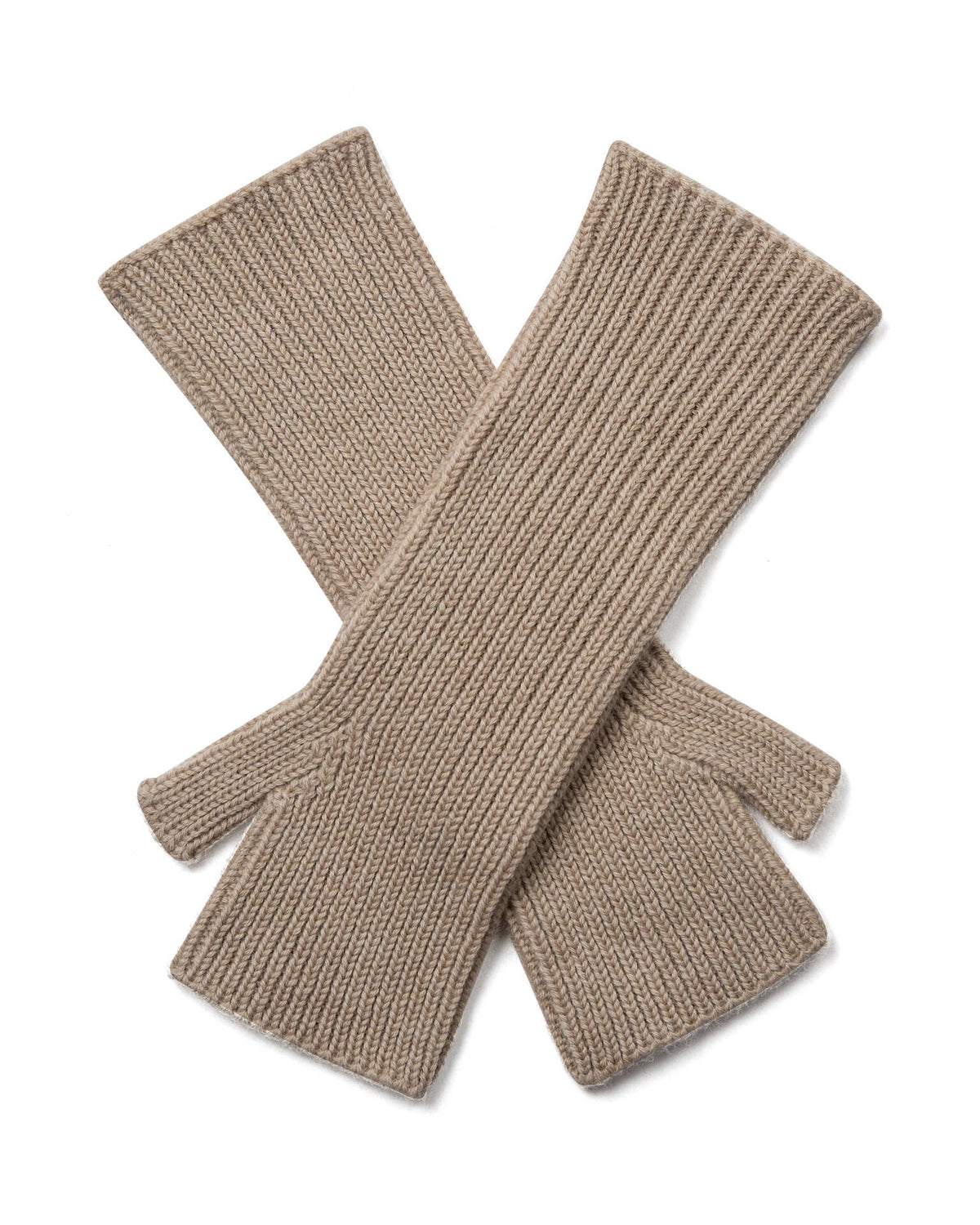 A pair of Mos Mosh Tova ribbed knit wool  fingerless gloves in a doeskin colour, The Shoe Gallery