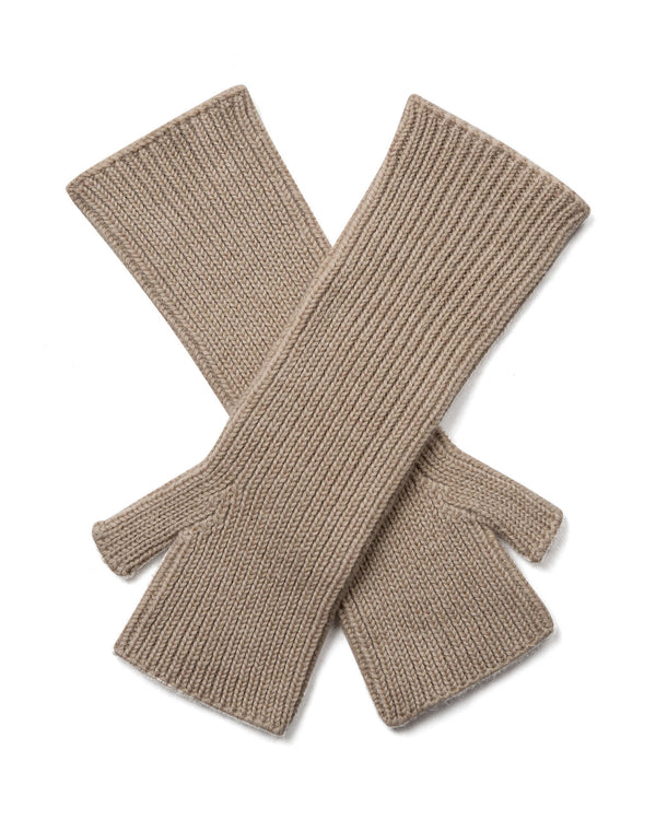 A pair of Mos Mosh Tova ribbed knit wool  fingerless gloves in a doeskin colour, The Shoe Gallery