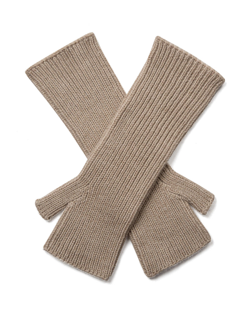 A pair of Mos Mosh Tova ribbed knit wool  fingerless gloves in a doeskin colour, The Shoe Gallery